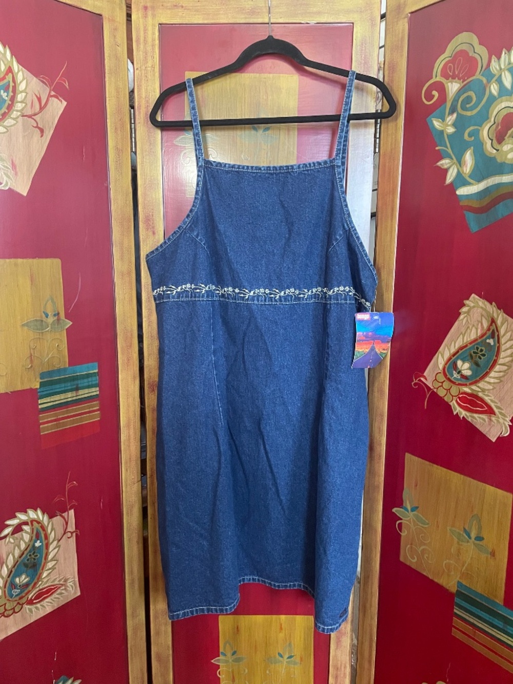 Vintage Y2K 90s Bongo NWT New Denim Dress 16 Embroidered Floral Cowgirl Grunge